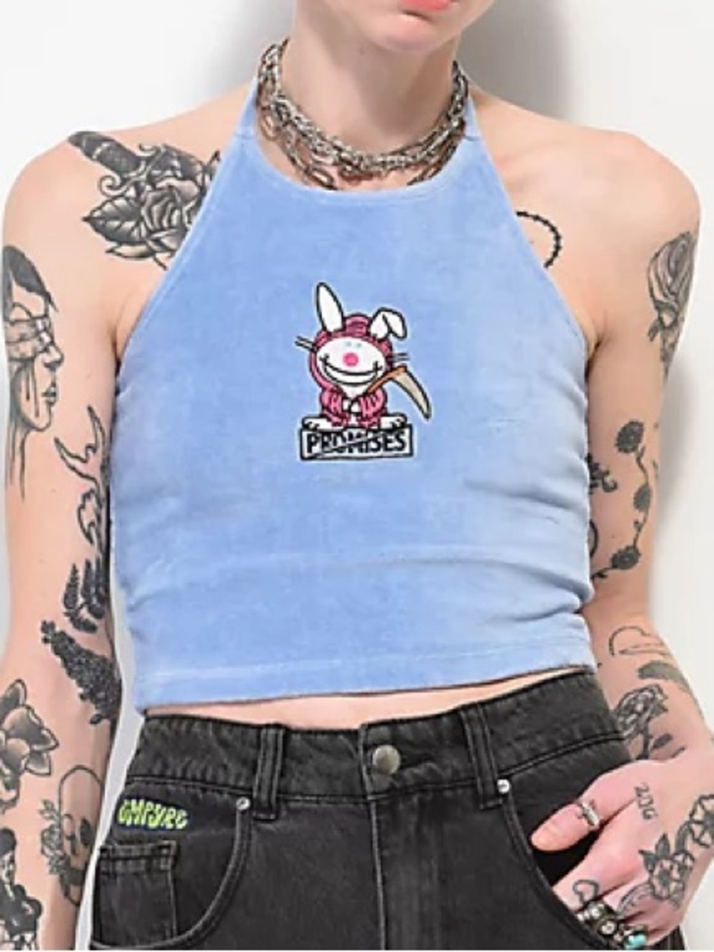 BROKEN PROMISES Light Blue Halter Crop Top with Bunny Patch